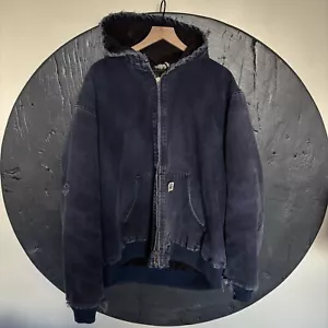 Vintage Carhartt Jacket 3XL Blue Distressed Quilt Lined Hooded Coat J130 USA 90s - Picture 1 of 18
