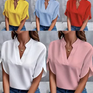 Ladies Tees Short Sleeve T Shirt Blouse Tunic Tops Loose Office V Neck Solid - Picture 1 of 21