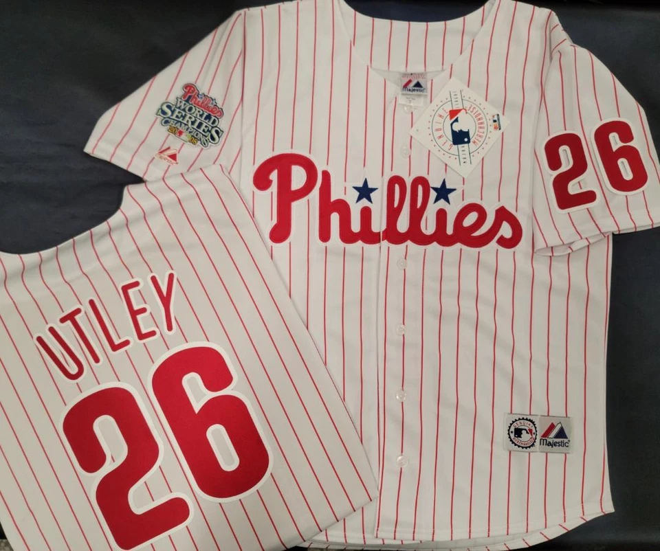 21110 Majestic PHILADELPHIA PHILLIES 2008 WORLD SERIES Sewn Baseball JERSEY WHT - Image 1 of 1