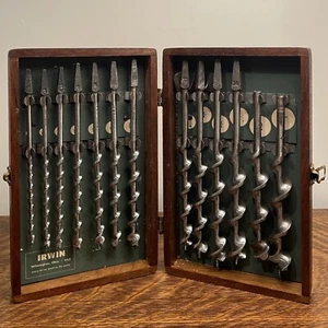 VINTAGE SET IRWIN DRILL BRACE BITS TOOL WOOD AUGER W/BOX CARPENTER'S WOODWORKING - Picture 1 of 8