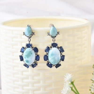 NATURAL LARIMAR & BLUE KYANITE RHODIUM PLATTED 925 SILVER EARRING JEWELRY GIFT - Image 1 of 4