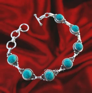 Turquoise Gemstone Curb Chain Link Bracelet, 925 Sterling Silver Bracelet - Picture 1 of 8