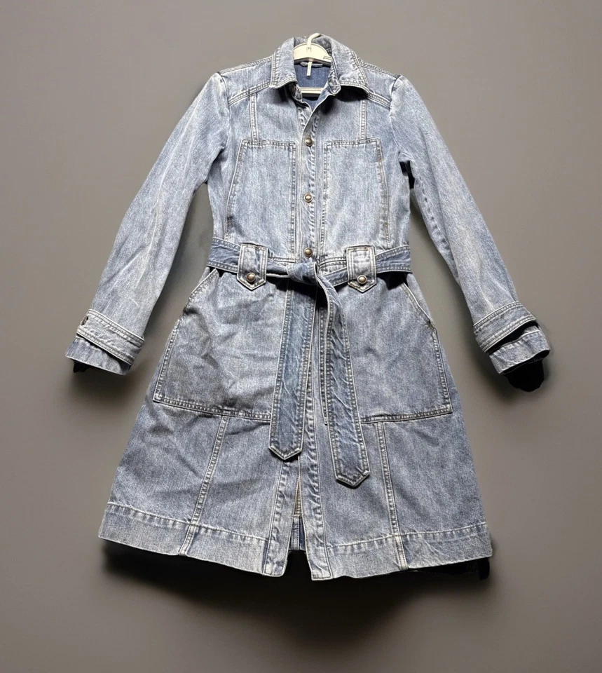 Free People Denim Trench Coat Women S Blue Belted Button Front Long Jean Jacket - Image 1 of 4
