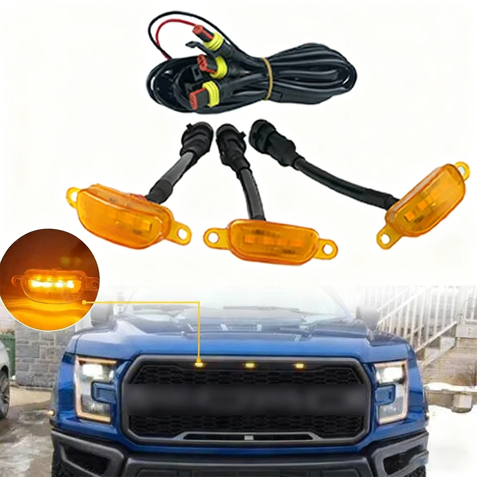 3pcs LED Front Grille Lights For 2004-2019 Ford F-150, F250, F350 Raptor Yellow Foto 1 de 4