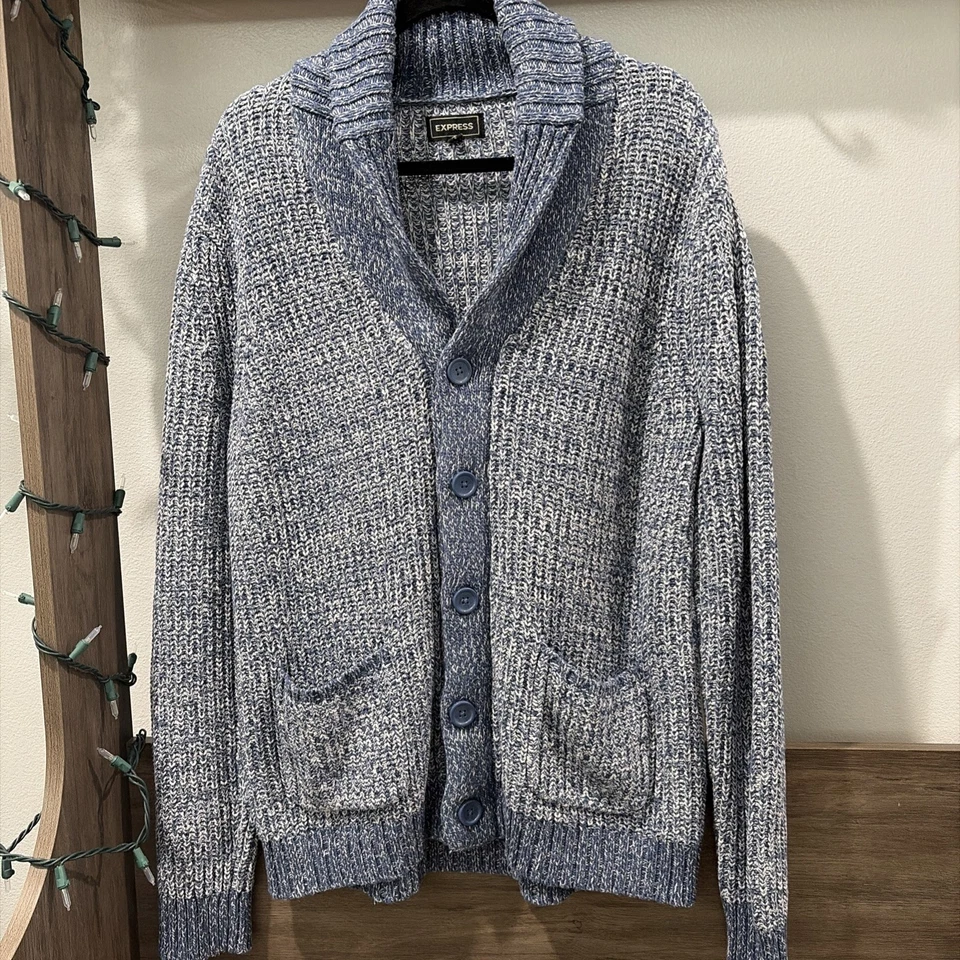 Cárdigan chal grueso Express para hombre botones azules Academia Heritage preppy talla L Foto 1 de 4