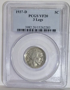 1937-D 5c 3 Legs Buffalo Nickel PCGS VF20 Old Blue Label - Picture 1 of 2