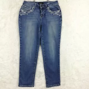 Earl Jean Womens Jeans Capri Blue Denim Flap Pocket Jeweled Floral Petite 6P - Picture 1 of 10