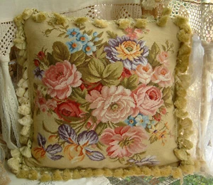 18" Elegant Vtg. Country Rose Lily Various Blooming Flowers Needlepoint Pillow - Picture 1 of 6