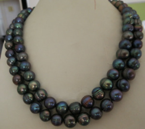 two strands huge 18"19"12-13mm tahitian genuine black green pearl necklace 823