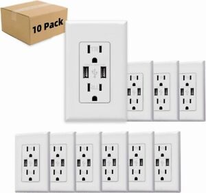 10 Pack 3.1 A USB Charger Wall Outlet Dual High Speed Receptacle 15-Amp, White