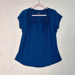 LL Bean Shirt Womens Medium Green Blue Top Drawstring Neck Short Sleeve - Picture 1 of 11