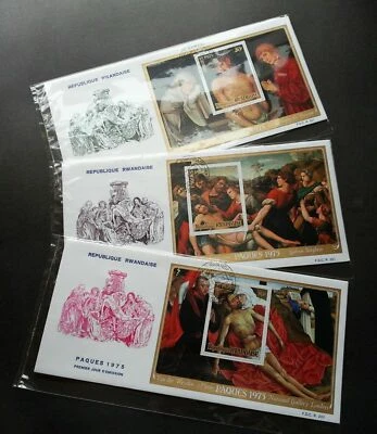 [SJ] Rwanda Easter 1975 Jesus Christ Painting Art Culture Religious (FDC 3's) - Image 1 of 4