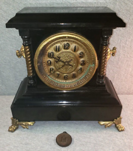 Antique Black Iron Case Mantel Clock w. Pendulum Unknown Maker