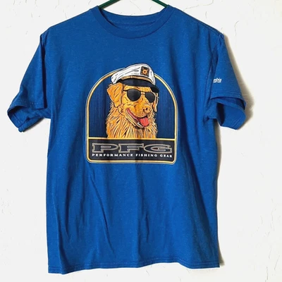 Columbia Youth PFG T-Shirt Large Blue Dog Captain Graphic Performance Fishing - Image 1 of 4