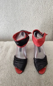 Maud Frizon Women Heels 6.5 Black Red Leather Open Toe Classic Sandals Shoes - Picture 1 of 20