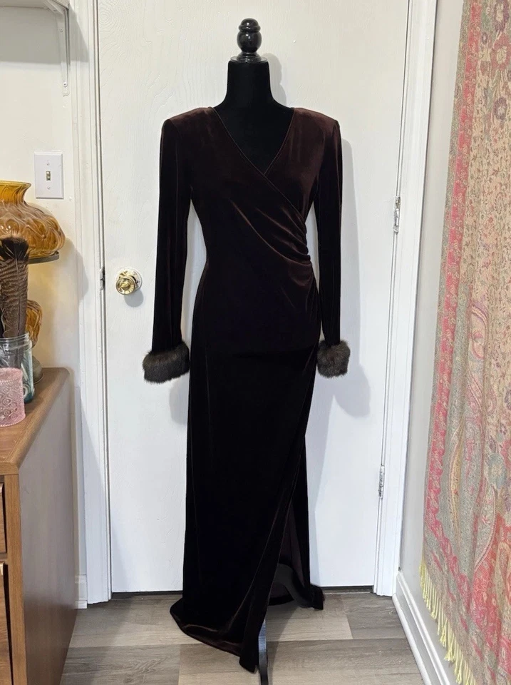 Vintage CACHET Faux Fur Brown Velvet Trim Surplice Maxi Dress Size 6 Elegant - Image 1 of 4