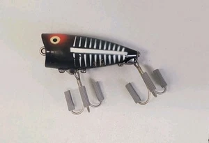 Vintage Heddon Chugger Jr. Black Herringbone Freshwater Topwater Fishing Lure - Picture 1 of 4