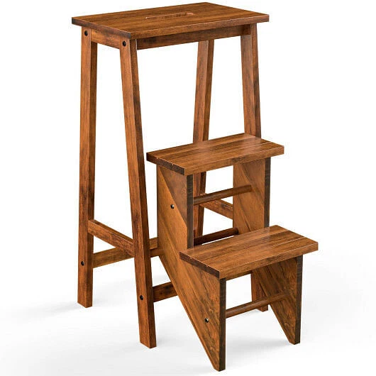 Costway Folding 3 Tier Step Stool 3-in-1 Rubber Wood Ladder Storage Shelf Coffee
