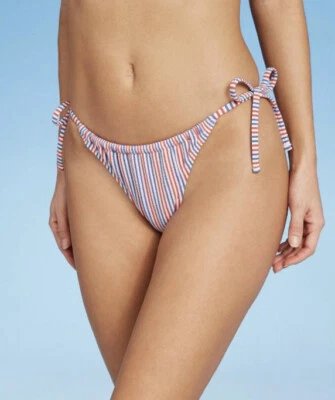 Parte inferior de bikini Xhilaration para mujer L grande corbata lateral roja blanca azul a rayas nueva Foto 1 de 4