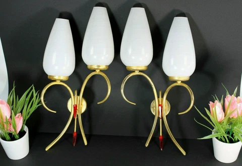 PAIR mid century retro maison lunel wall lights sconces opaline glass Cover