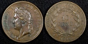French Colonies Louis Philippe I Bronze 1844 A 10 Centimes 30mm SCARCE KM# 13(1) - Picture 1 of 3