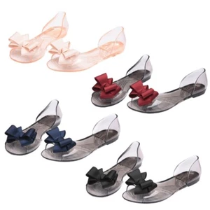 Women Clear PVC Jelly Sandals Elegant Bowknot Flat Slippers Beach Shoes - Picture 1 of 36