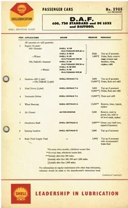 DAF 600 , 750 & DAFFODIL (STD & DE LUXE) 1959-65 ORIG. SHELL LUBRICATION CHART - Picture 1 of 2