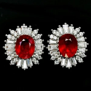 925 STERLING SILVER BLOOD RED RUBY OVAL 10X8 MM.GEMSTONE & WHITE CZ STUD EARRING - Picture 1 of 6