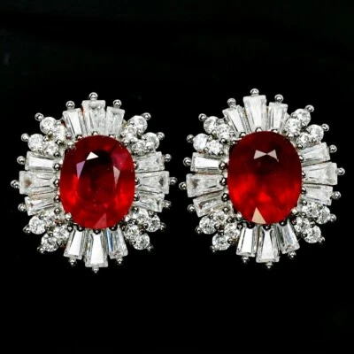 925 STERLING SILVER BLOOD RED RUBY OVAL 10X8 MM.GEMSTONE & WHITE CZ STUD EARRING - Image 1 of 4