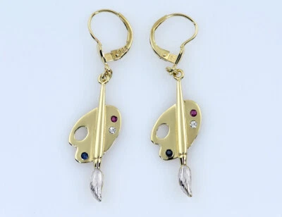 Ohrringe Farbpalette mit Pinsel Saphir Rubin Zirkonia 333/000 8 K Gelbgold - Bild 1 von 3