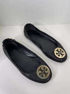 TORY BURCH Reva Ballet Flats Size 9 Women Black Leather Gold Metallic Logo