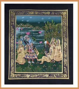 Radha Krishna Miniatur Original Gemälde auf Seidentuch Indien Naturfarben! - Bild 1 von 5