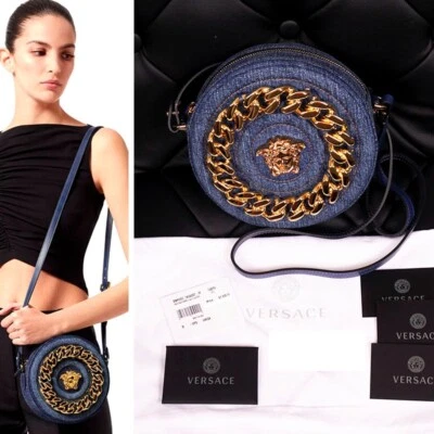 NUEVO $1,695 VERSACE Denim y Cuero Dorado LA MEDUSA CHAIN Logo DISCO BOLSO REDONDO NUEVO CON ETIQUETAS Foto 1 de 4