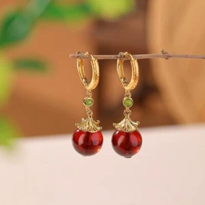 Pendientes criollos hoja de ginkgo ámbar rojo plata 925 dorado - Imagen 1 de 5
