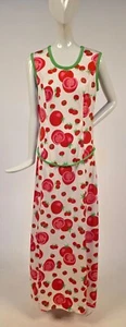 VINTAGE 1970’S TOMATO PRINT LONG MAXI DRESS W GREEN EDGING + BELT - Picture 1 of 8