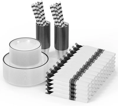 Juego de platos desechables transparentes y negros de 400 piezas con platos de cena, platos de postre Foto 1 de 4