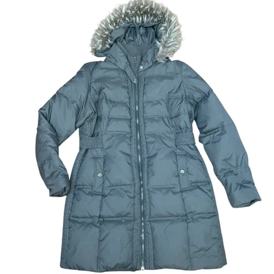 Abrigo acolchado Larry Levine plumón de ganso para mujer talla 0X Plus negro capucha piel sintética Foto 1 de 4