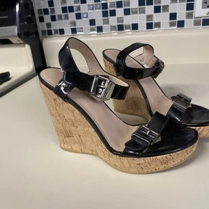Stuart Weitzman Twofer Gem Black Patent Cork Wedge Platform Sandal Shoes SZ 6.5 - Picture 1 of 7