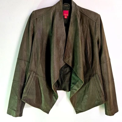 G.I.L.I. Chaqueta de Cuero Estampada Tonal Frente Abierto Talla 0 Verde Marrón Boho Foto 1 de 4