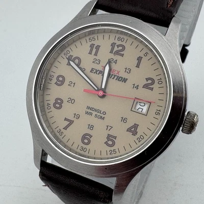 Кварцевые мужские часы Timex Expedition 50 м серебристые коричневая кожа дата 37 мм новый аккумулятор - Изображение 1 из 4