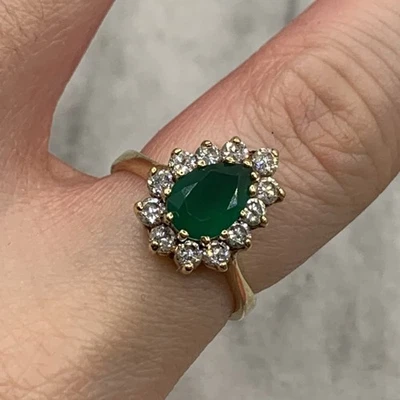 Emerald Lab Created & CZ Pear Cut Halo Cluster Ring 9ct 375 Yellow Gold - Size M - Image 1 of 4