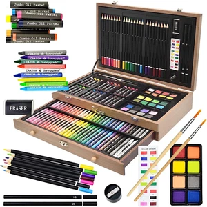 145 Piece Deluxe Art Set, Wooden Art Box & Drawing Kit with Crayons, Oil Pastels - Picture 1 of 12