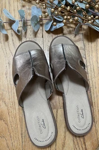 Clarks Women's Declan Flo Metallic Slide Sandals 6W 6 Wide Slip On Comfort NWOB - Picture 1 of 7