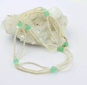 Classy Akoya Cultured Pearls Chain With Chrysoprase 585 Gold Clasp Ca. 60 CM - Picture 1 of 7