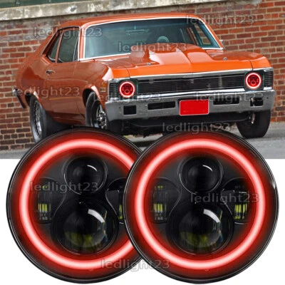 Pair 7" Round LED Headlights Hi/Lo Beam Red DRL fit Chevrolet Nova 1969-1978 - Image 1 of 4