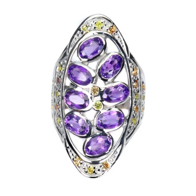 925纯银戒指椭圆形紫水晶蓝宝石天然宝石首饰尺寸6。 — 第 1/4 张图片