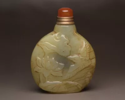 Antique Chinese Natural Hetian Jade Carved Flower Bird Statue Nice Snuff Bottle • 109.99£
