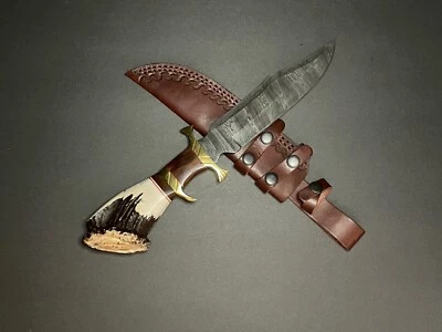 Custom Handmade Damascus Steel  Bowie Knife Stag Horn Style With Leather Sheath. - Image 1 of 4