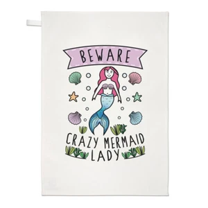Beware Crazy Mermaid Lady Tea Towel Dish Cloth - Funny - Picture 1 of 1