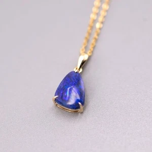 Deep Blue Australian Black Opal Pendant Necklace 18K Yellow Gold - Picture 1 of 8